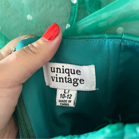 NEW Unique Vintage Peach Clip Dot Libby Swing Dress Green Polka Dot - Picture 3 of 4